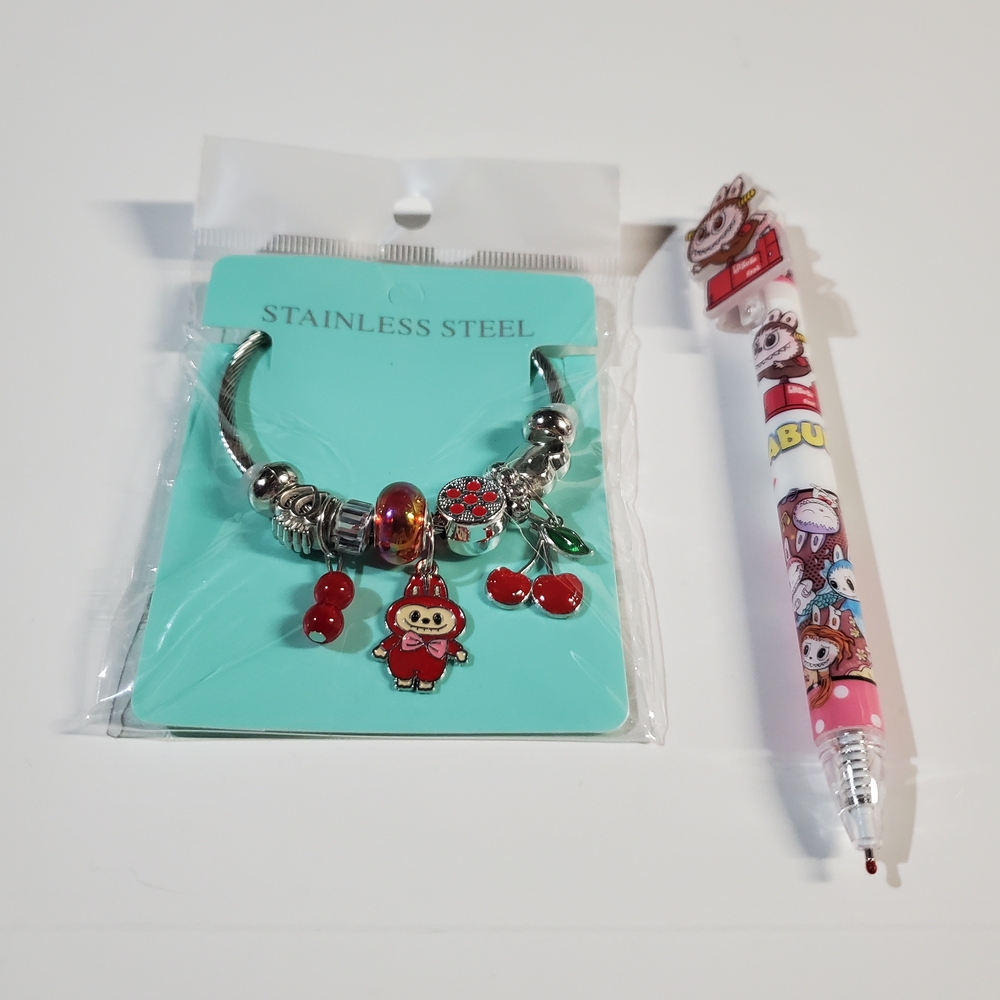 Stainless Steel Labubu Charm Bracelet & Pen Set